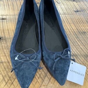 AEROSOLES Navy Pointed Suede Bow Flats